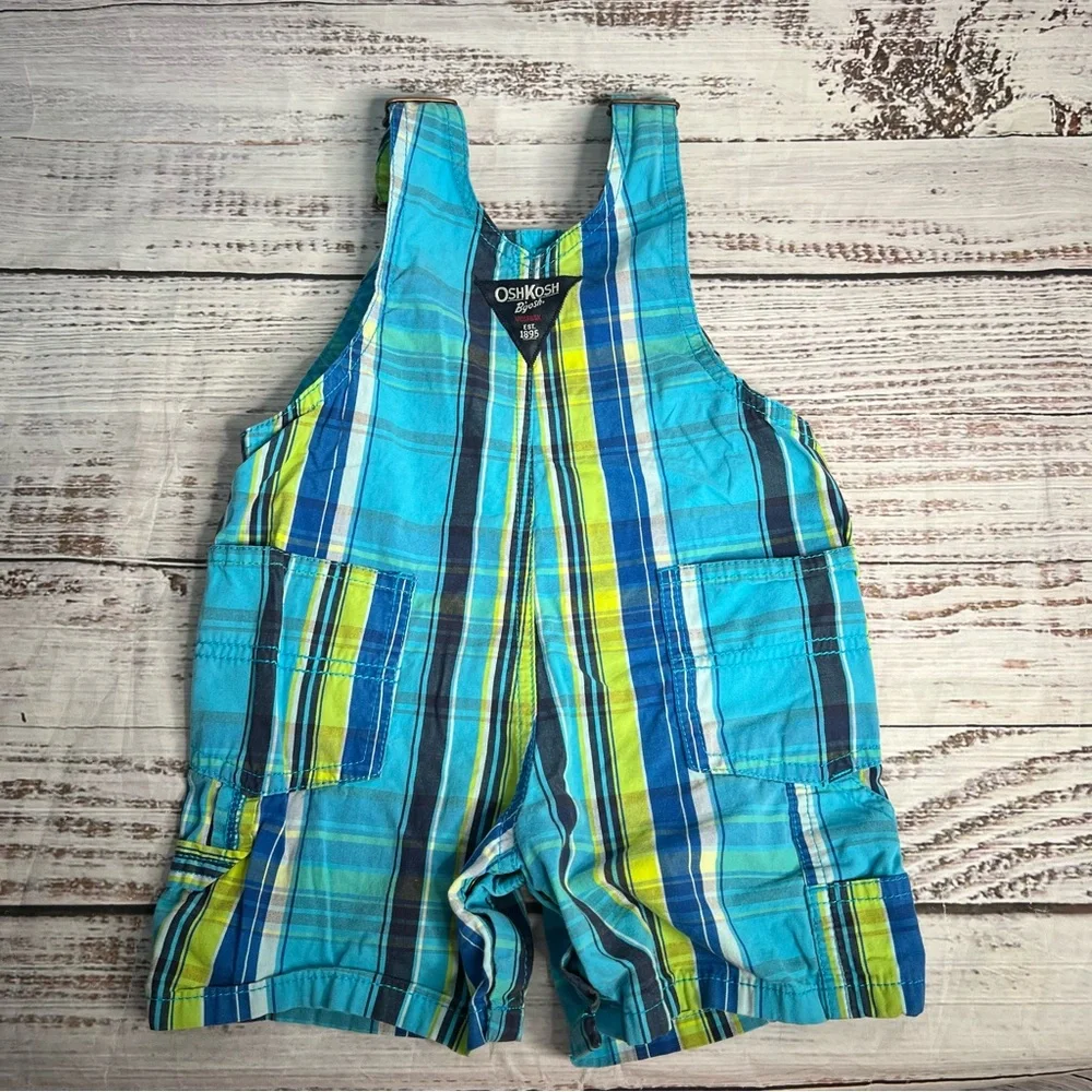 Osh Kosh Bgosh Overalls Boys 12 Months Blue Green Plaid Short Alls‎